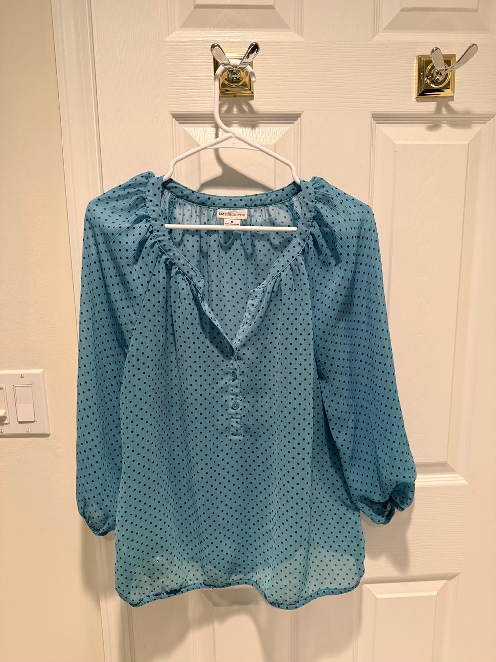 Liz Claiborne Teal Polka Dot Button-Front Peasant Blouse
